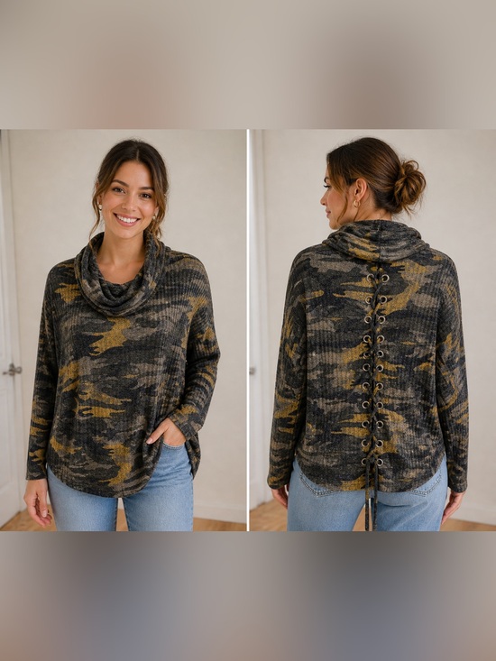 Lu Bella Tops - Green Camo Print, Cowl Neck Lace Up Back Top Size Medium Made In USA